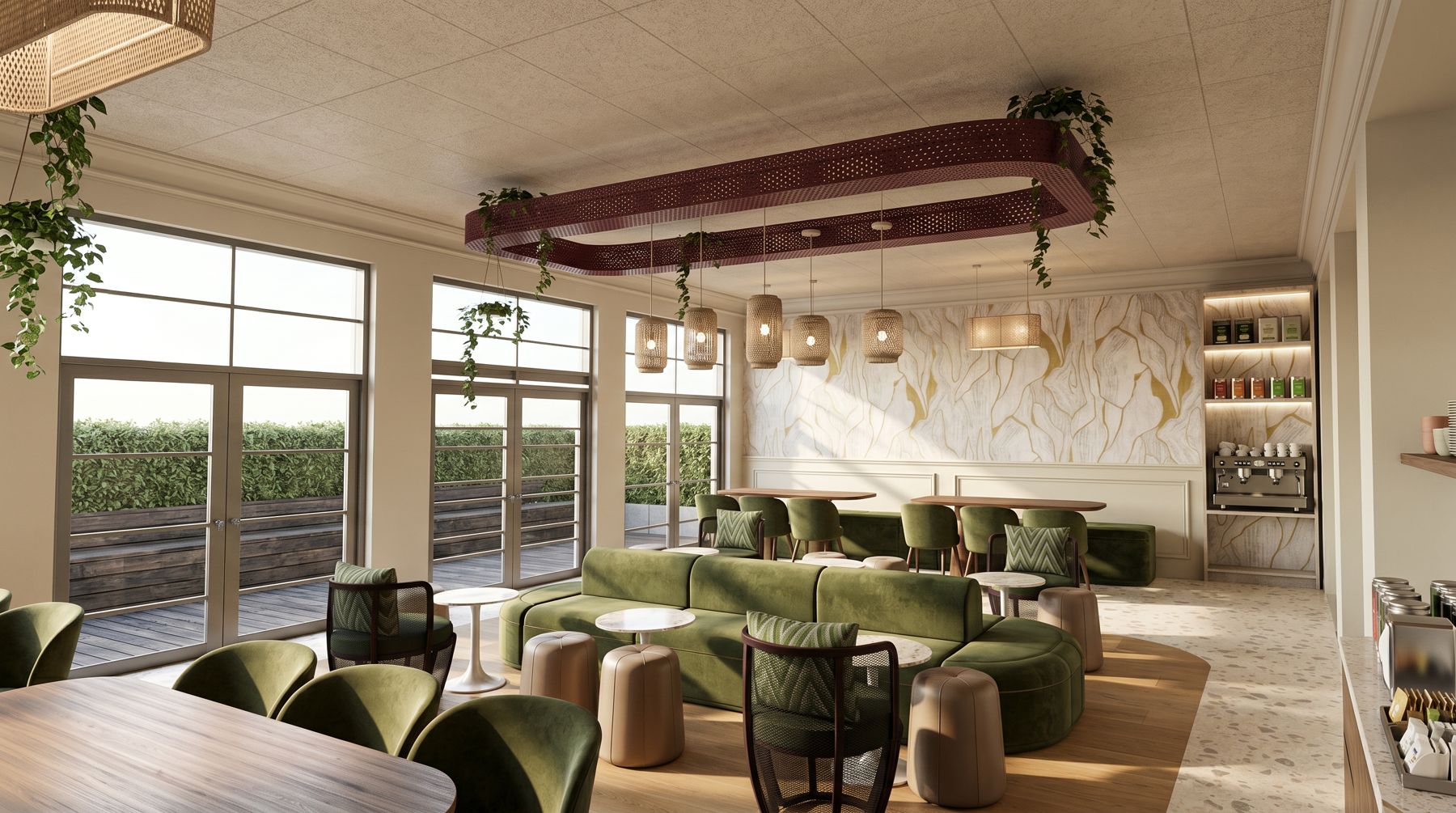Lounge with green velvet seating and perforated metal planter