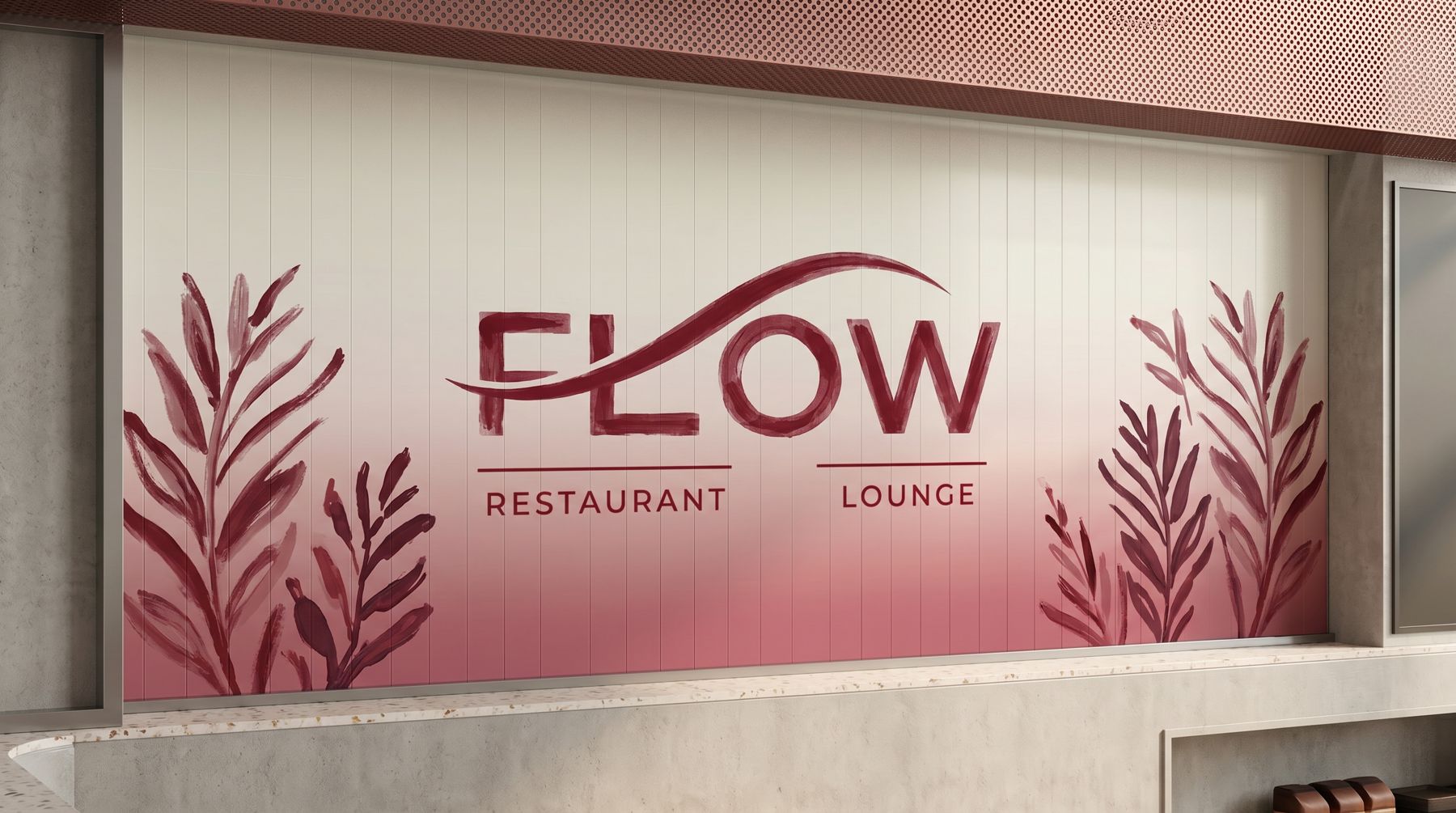 FLOW Restaurant Lounge signage on the kitchen shutter