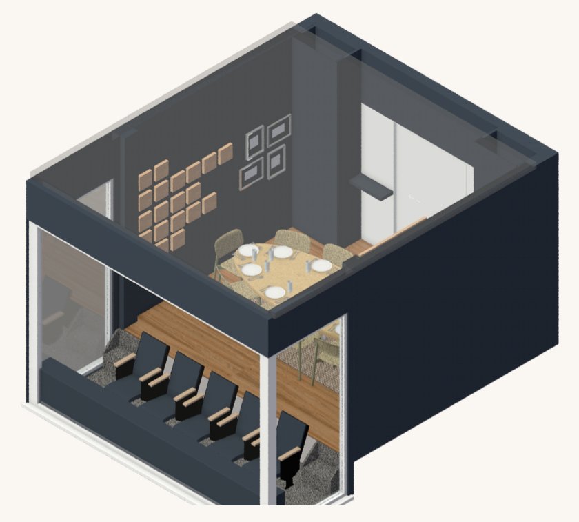 Vectorworks 3D view of the Loge 22 lounge with midnight blue walls and wood