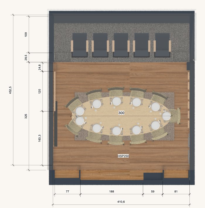Dimensioned Vectorworks plan of Loge 22 with oval table for 12