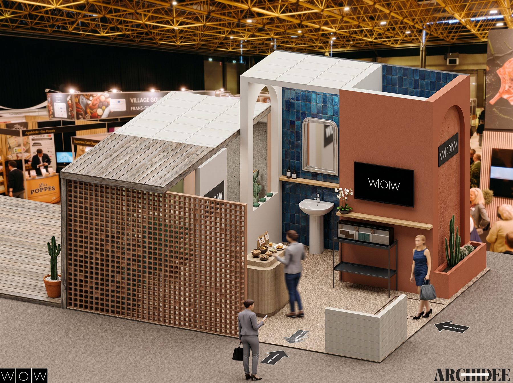 Photorealistic render of the WOW ceramics stand at the Interieur fair